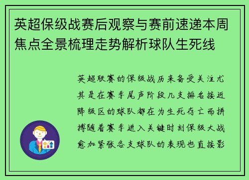 英超保级战赛后观察与赛前速递本周焦点全景梳理走势解析球队生死线 英超保级战赛后观察与赛前速递本周焦点全景梳理走势解析球队生死线