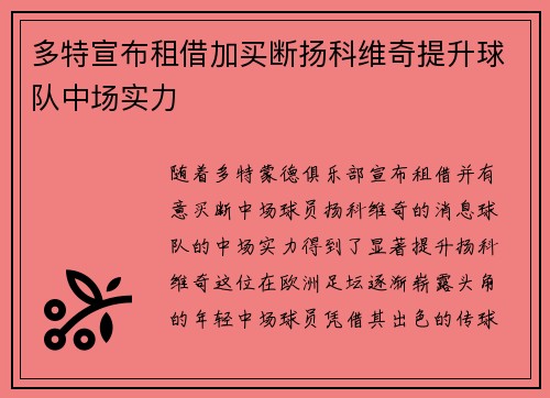 多特宣布租借加买断扬科维奇提升球队中场实力 多特宣布租借加买断扬科维奇提升球队中场实力